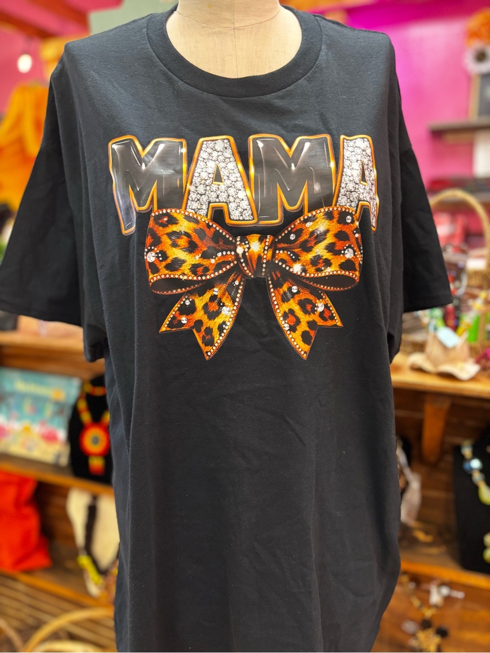 Black MAMA Graphic Tee with Leopard Bow